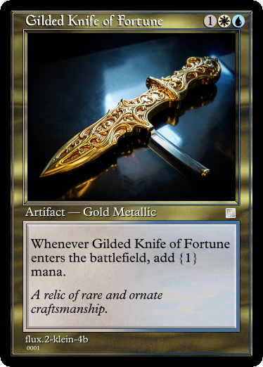 An AI-generated card titled “Gilded Knife of Fortune” costing 1WU. The type line reads “Artifact — Gold Metallic” (not a subtype that exists) and the rules text says “Whenever Gilded Knife of Fortune enters the battlefield, add {1} mana,” which is not valid Magic templating.