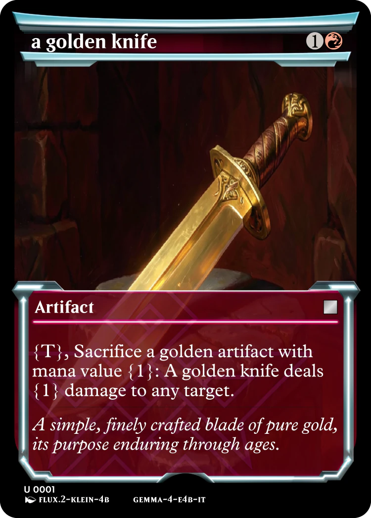 An AI-generated card literally named “a golden knife” (the request echoed back as the card name) costing 1R, type line just “Artifact,” with rules text “{T}, Sacrifice a golden artifact with mana value {1}: A golden knife deals {1} damage to any target.”