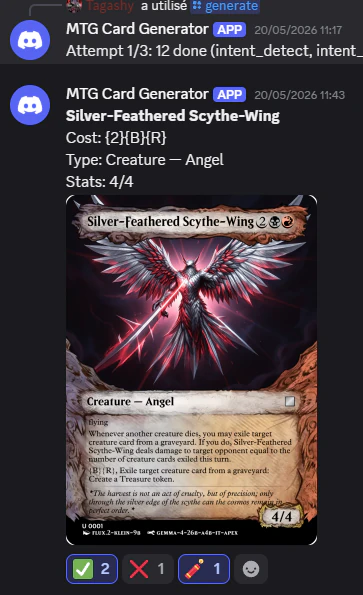 A Discord thread with the MTG Card Generator bot: a /generate command, a progress message reading “Attempt 1/3: 12 done (intent_detect, intent_…)”, then the finished card, Silver-Feathered Scythe-Wing, a 4/4 Creature — Angel for 2BR, posted with its full rendered image and check-mark, cross and pencil reaction buttons for feedback.
