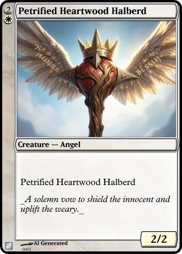 An AI-generated Magic card titled “Petrified Heartwood Halberd,” a 2/2 Creature — Angel costing 2W, with polished art of a winged, crowned halberd against a bright sky. The card looks professional and complete, but the rules text box contains only the card’s own name, “Petrified Heartwood Halberd,” with no actual ability.