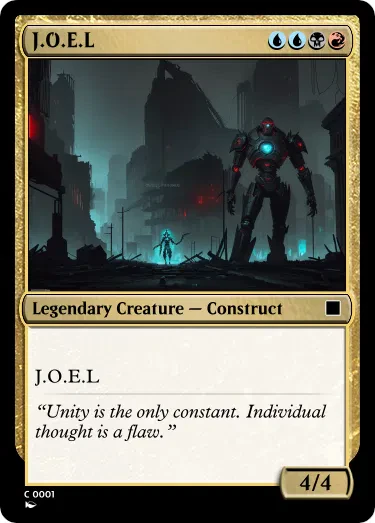 An AI-generated Magic card titled “J.O.E.L,” a Legendary Creature — Construct costing UUBR, 4/4, with dystopian sci-fi art of a towering robot looming over a small lone figure in a ruined city. The flavor text reads: “Unity is the only constant. Individual thought is a flaw.”