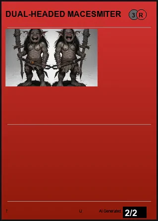 An early AI-generated card titled “DUAL-HEADED MACESMITER.” The art (two mirrored goblin figures) is misplaced near the top, the rules text box is empty, the name isn’t rendered into the frame, and the card looks visibly half-assembled.