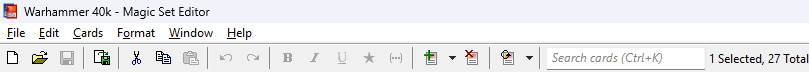 Magic Set Editor’s main window toolbar above a loaded custom set, with a search box and a card counter reading “1 Selected, 27 Total”.
