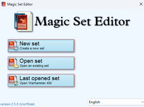 Magic Set Editor’s launch dialog (New set, Open set, Last opened set), a Windows-native fan tool whose interface has not changed much in decades.