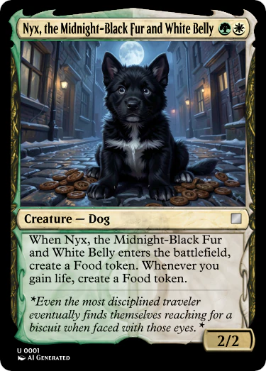 An AI-generated Magic card titled “Nyx, the Midnight-Black Fur and White Belly,” a 2/2 Creature — Dog for GW with art of a black puppy with a white chest sitting in a lamplit alley among scattered biscuits. It creates a Food token when it enters the battlefield and another whenever you gain life. The flavor text: “Even the most disciplined traveler eventually finds themselves reaching for a biscuit when faced with those eyes.”