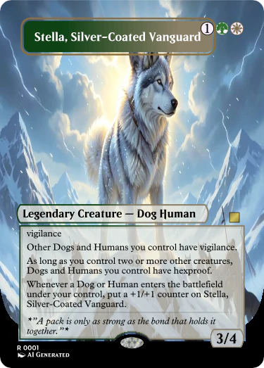 An AI-generated Magic card titled “Stella, Silver-Coated Vanguard,” a legendary 3/4 for 1GW with painterly art of a silver-coated dog standing on a snowy mountain ridge. It has vigilance, grants other Dogs and Humans you control vigilance and conditional hexproof, and grows with +1/+1 counters as Dogs or Humans enter. The type line reads “Legendary Creature — Dog Human.” The flavor text: “A pack is only as strong as the bond that holds it together.”