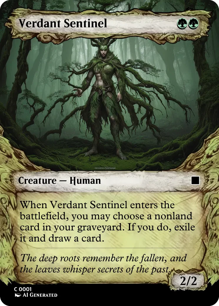 An AI-generated Magic card titled “Verdant Sentinel,” a 2/2 Creature — Human costing GG, with painterly art of an ancient tree-person standing in a misty forest. The rules text reads: “When Verdant Sentinel enters the battlefield, you may choose a nonland card in your graveyard. If you do, exile it and draw a card.” The flavor text reads: “The deep roots remember the fallen, and the leaves whisper secrets of the past.”